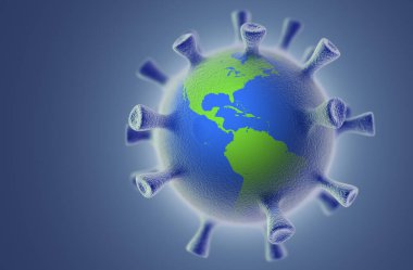 Virüsün gezegene yayılması. 3D virüs ve 3D küreden kolaj. Corona virüsü konsepti.