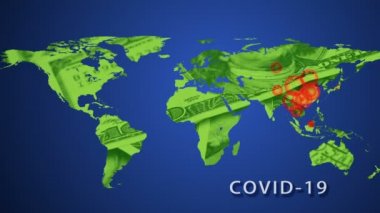 Coronavirus COVID-19 küresel vakaları. Çin 'den tüm dünyaya yayılan yeni bir koronavirüsün animasyon haritası. Koronavirüsün küresel ekonomi ve pazarlar üzerindeki etkisi