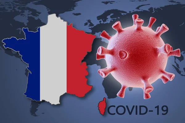 Coronavirus cell and map of France on background of the World map