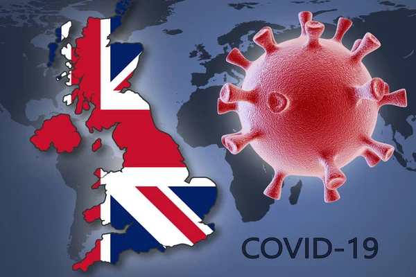 コロナウイルス細胞と世界地図の背景に英国の地図 — ストック写真