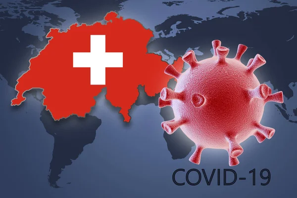 Coronavirus Cell和世界地图背景下的瑞士地图 — 图库照片