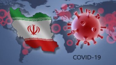 COVID-19. Dünya haritasının arka planında İran 'ın Coronavirus hücre ve haritası