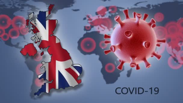 Covid Célula Coronavírus Mapa Grã Bretanha Fundo Mapa Mundo — Vídeo de Stock