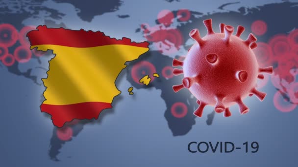 Covid Koronavirová Buňka Mapa Španělska Pozadí Mapy Světa — Stock video
