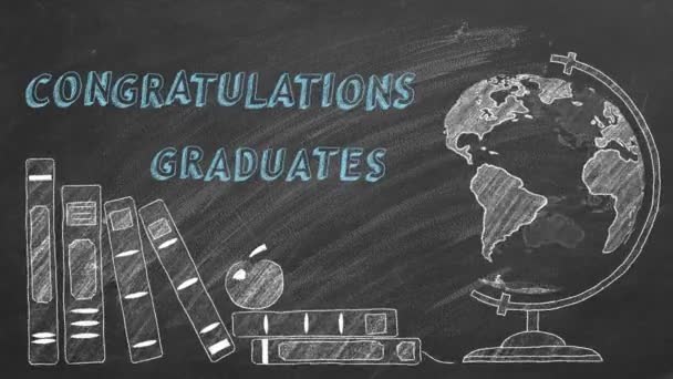 Lettering Congratulations Graduates Rotating Globe School Books Drawn Chalk Blackboard — Stock Video