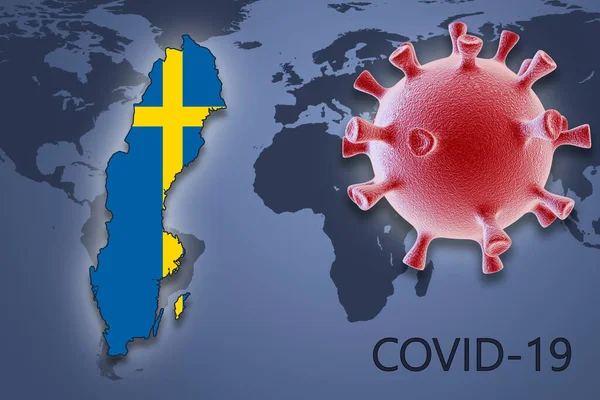 コロナウイルスの細胞と世界地図の背景にスウェーデンの地図 Covid — ストック写真