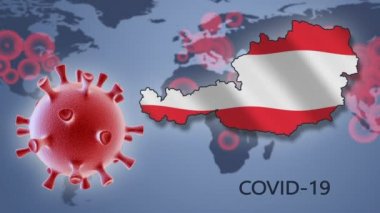 Dünya haritasının arka planında Avusturya 'nın Coronavirus hücresi ve haritası. COVID-19