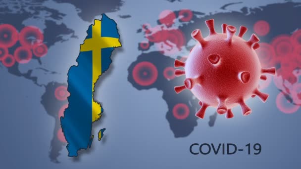 Coronavirus Κύτταρο Και Χάρτης Της Σουηδίας Στο Παρασκήνιο Του Παγκόσμιου — Αρχείο Βίντεο