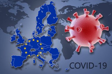 Dünya haritasının arka planında Coronavirus hücresi ve Avrupa Birliği haritası var. Covid 19