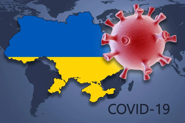 在世界地图的背景上有乌克兰的Coronavirus细胞和地图 Covid — 图库照片