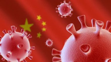 COVID-19. Çin bayrağının arka planında Coronavirus hücreleri