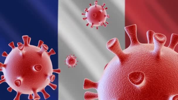 Covid Coronavirus Zellen Auf Dem Hintergrund Der Französischen Flagge — Stockvideo