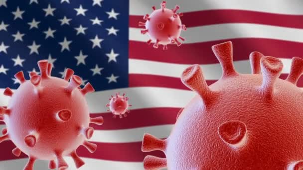 Covid Coronavirus Zellen Auf Dem Hintergrund Der Flagge Der Usa — Stockvideo