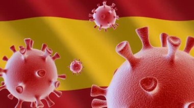 COVID-19. İspanya bayrağının arka planında Coronavirus hücreleri