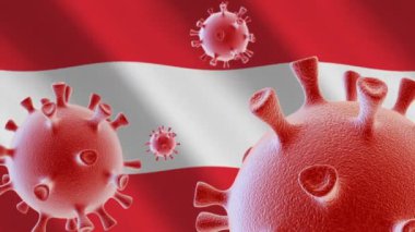 COVID-19. Avusturya bayrağının arka planında Coronavirus hücreleri