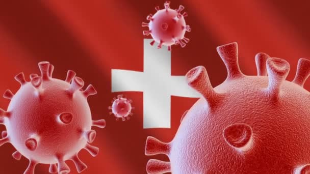 Covid Coronavirus Zellen Auf Dem Hintergrund Der Flagge Der Schweiz — Stockvideo