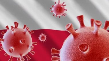 COVID-19. Polonya bayrağının arka planında Coronavirus hücreleri