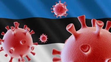 COVID-19. Estonya bayrağının arka planında Coronavirus hücreleri
