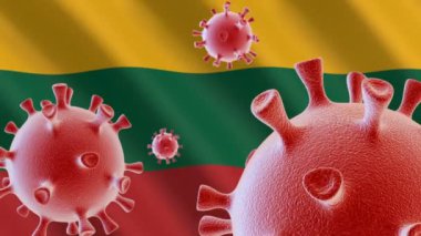 COVID-19. Litvanya bayrağının arka planında Coronavirus hücreleri