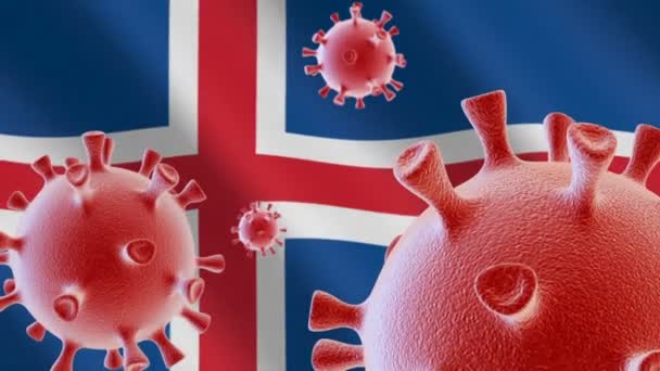 Covid Κελιά Coronavirus Στο Φόντο Της Σημαίας Της Ισλανδίας — Αρχείο Βίντεο