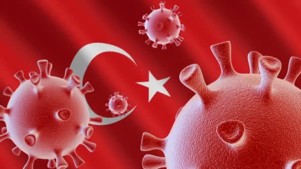 Covid Coronavirus Zellen Auf Dem Hintergrund Der Flagge Der Türkei — Stockvideo