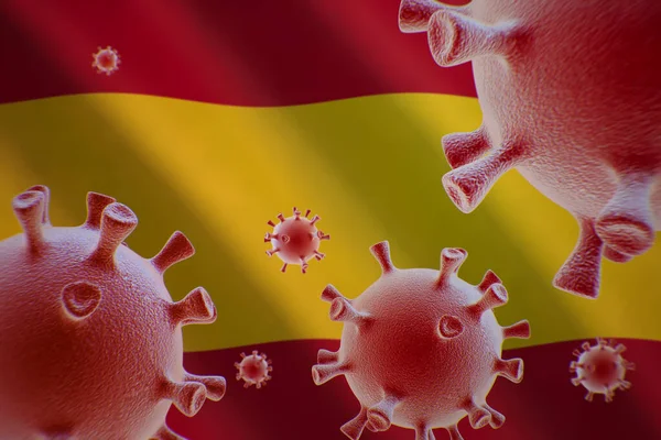 Covid Koronavirové Buňky Pozadí Vlajky Španělska — Stock fotografie