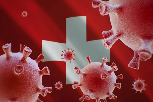 Covid Células Coroonavírus Fundo Bandeira Suíça — Fotografia de Stock