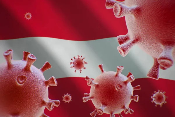 Covid Coronavirus Zellen Auf Dem Hintergrund Der Flagge Österreichs — Stockfoto