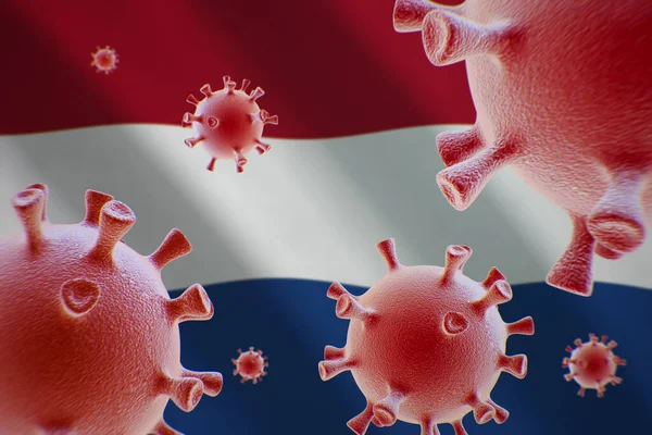 Covid Κελιά Coronavirus Στο Φόντο Της Σημαίας Των Κάτω Χωρών — Φωτογραφία Αρχείου