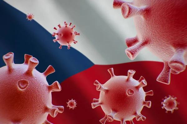 Govd チェコ共和国の国旗を背景にしたコロナウイルス細胞 — ストック写真