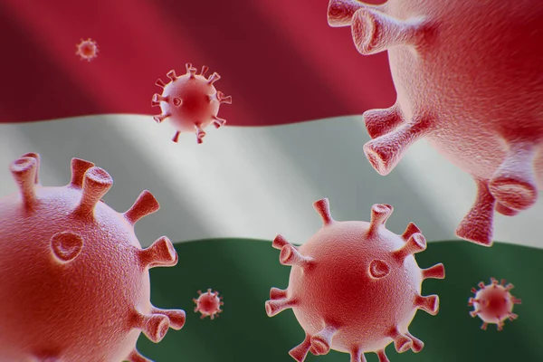 Covid Koronavirové Buňky Pozadí Vlajky Maďarska — Stock fotografie