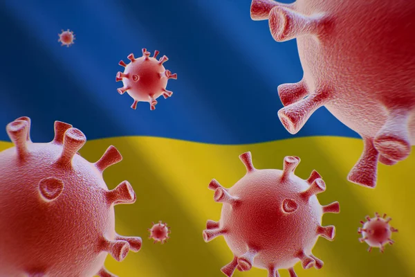 Covid Cellule Coronavirus Sullo Sfondo Della Bandiera Ucraina — Foto Stock