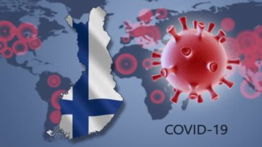 Dünya haritasının arka planında Coronavirus hücresi ve Finlandiya haritası