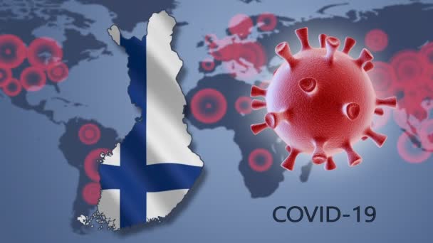 コロナウイルス細胞とフィンランド地図世界地図を背景に — ストック動画