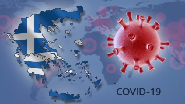 コロナウイルス細胞と世界地図の背景にギリシャの地図 — ストック動画