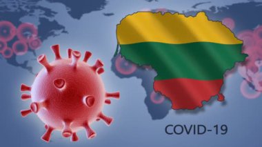 Dünya haritasının arka planında Litvanya 'nın Coronavirus hücresi ve haritası