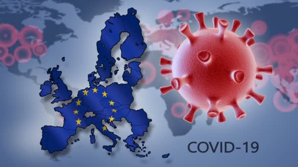 Coronavirus Zelle Und Karte Der Europäischen Union Hintergrund Der Weltkarte — Stockvideo