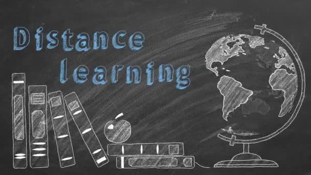 Lettering Distance Learning Rotating Globe School Books Drawn Chalk Blackboard — Stock Video