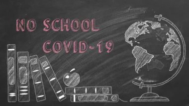 HAYIR OKULU COVID-19, dönen dünya ve okul kitapları karatahtaya tebeşirle çiziliyor.