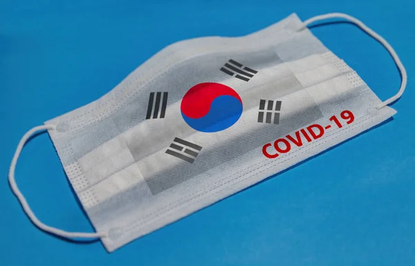 Máscara Facial Médica Con Bandera Corea Del Sur Texto Covid — Foto de Stock