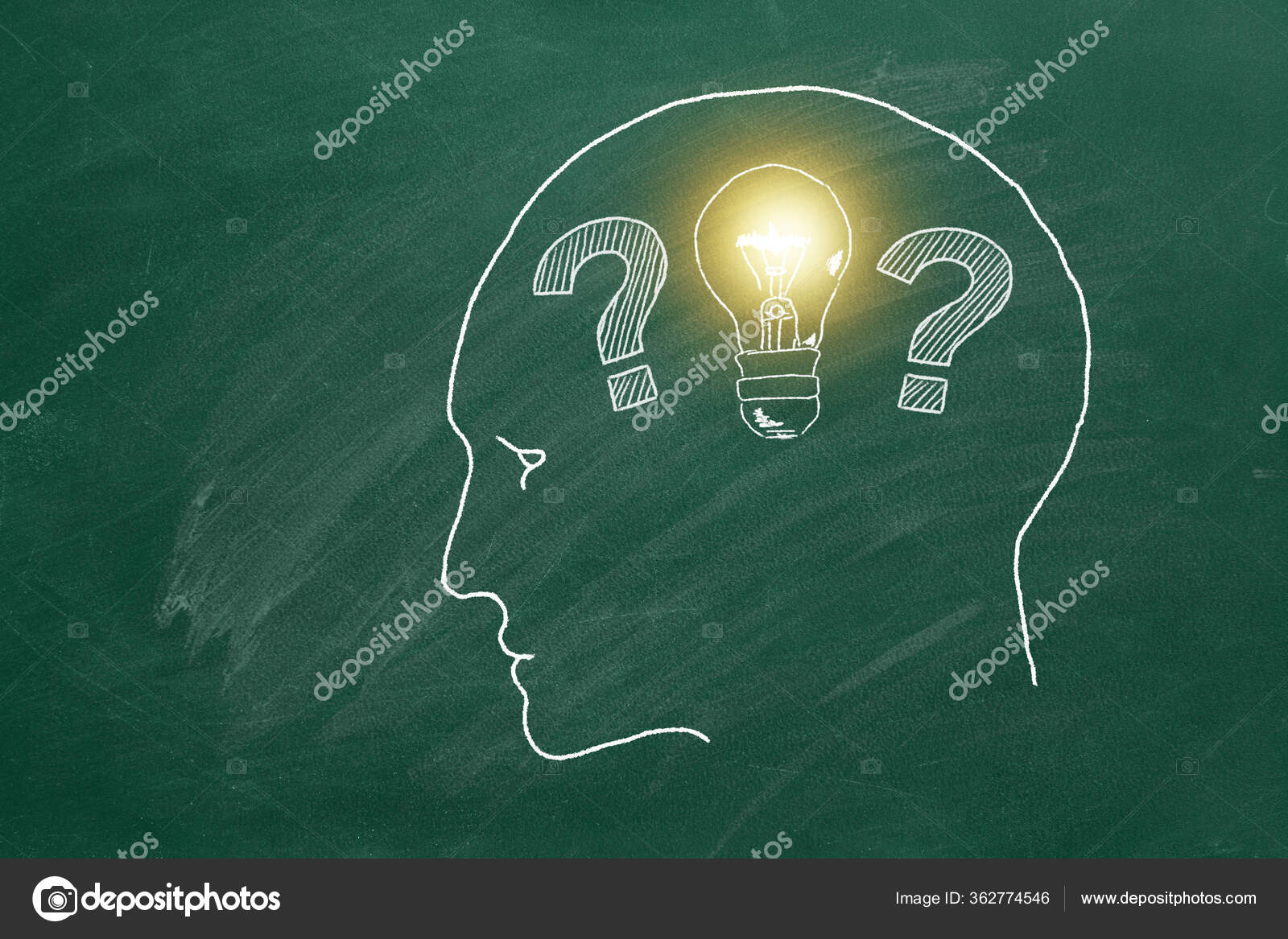 Los Signos Interrogación Cabeza Humana Convierten Bombillas Dibujo Tiza Una  — Foto de stock #362774546 © Yakobchuk, image size:1600x1167
