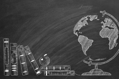 Dönen dünya ve okul kitapları tahtaya tebeşirle çizilir..