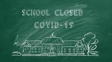 El çizimi ve animasyon metinleri. Okul yok. Yeşil karatahtanın üzerinde COVID-19.