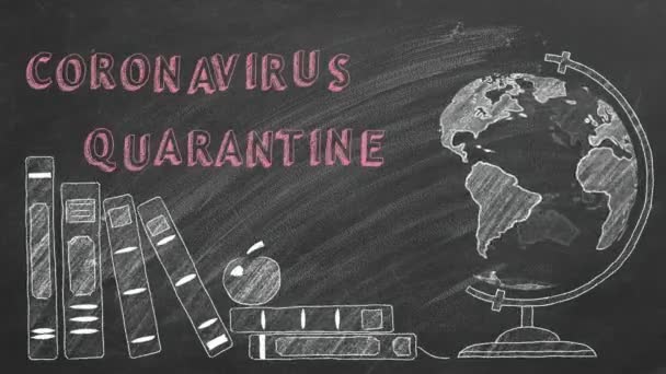 Lettering Coronavirus Quarantena Rotazione Globo Libri Scolastici Sono Disegnati Con — Video Stock