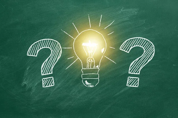 Two Question Marks Turns Light Bulbs Chalk Drawing Blackboard — 스톡 사진