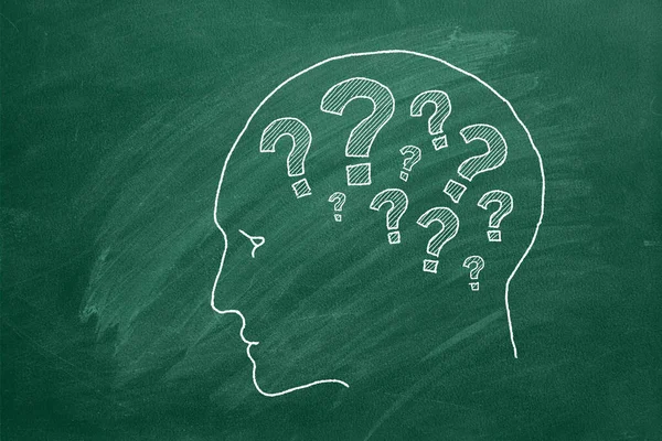 Human Head Question Marks Animated Illustration Green Chalkboard — Stock Photo, Image