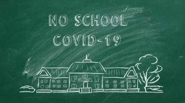 El çizimi ve animasyon metni. Yeşil karatahtanın üzerinde okul COVID-19 yok..