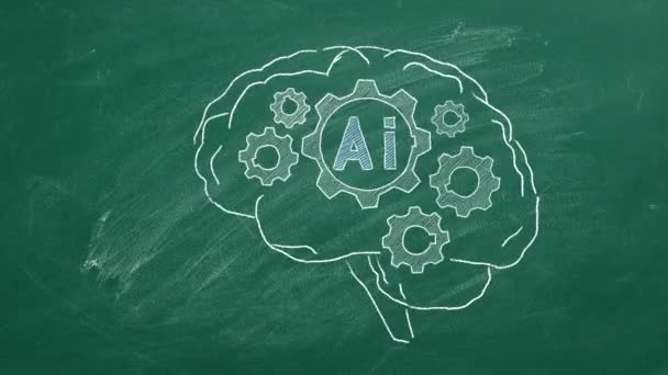 Rotating Gears Human Brain Illustration Blackboard Artificial Intelligence Concept — Stock Video