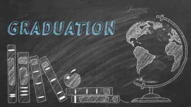 Harfli Mezuniyet, dönen dünya ve okul kitapları tahtaya tebeşirle çizilir. 