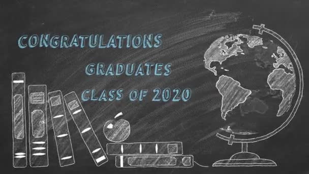 Lettering Congratulaciones Graduados Clase 2020 Globo Giratorio Libros Escolares Dibujan — Vídeos de Stock